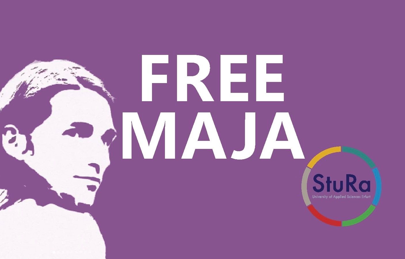 Ein Foto von Maja T. mit der Überschrift „FREE MAJA“ Und dem Stura Logo